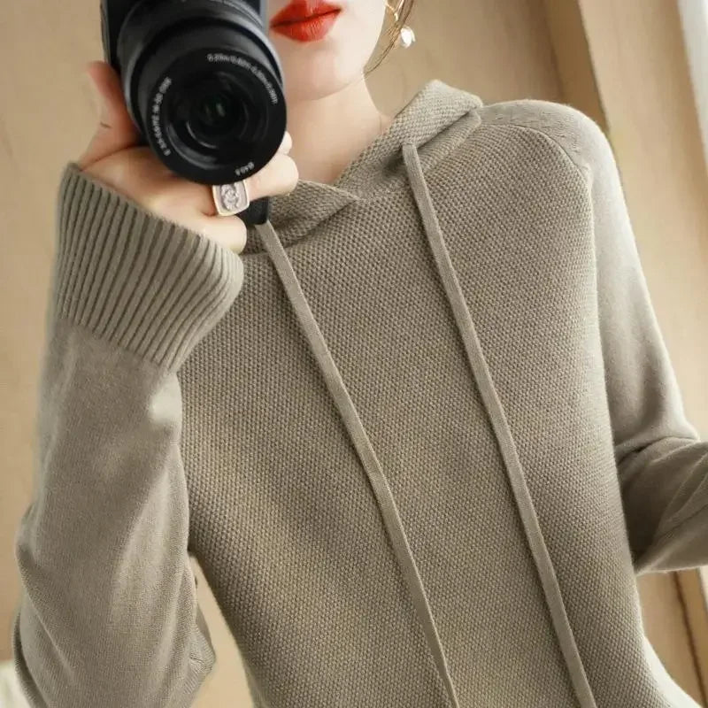 Camisola com capuz mulher outono inverno manga longa quente camisa de fundo sólido casual pullovers malha topos moda coreana jumper 2025