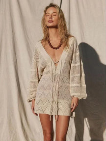 Sexy profundo decote em v rendas manga sino malha oco para fora praia mini vestido 2025 verão maiô cobrir feminino casual túnica k14
