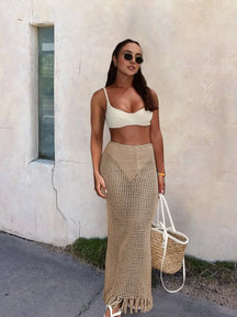 Sexy verão malha cortar praia meia saia feminina chique cordão franjas casual envoltório saias 2024 festa na piscina banho cobrir k50