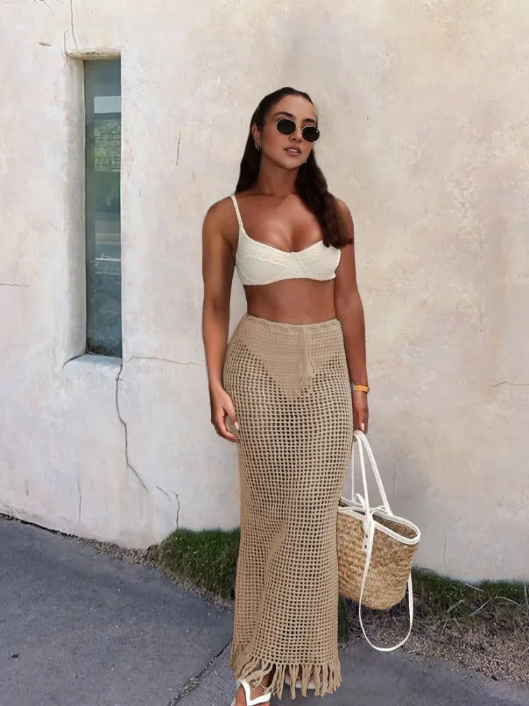Sexy verão malha cortar praia meia saia feminina chique cordão franjas casual envoltório saias 2024 festa na piscina banho cobrir k50