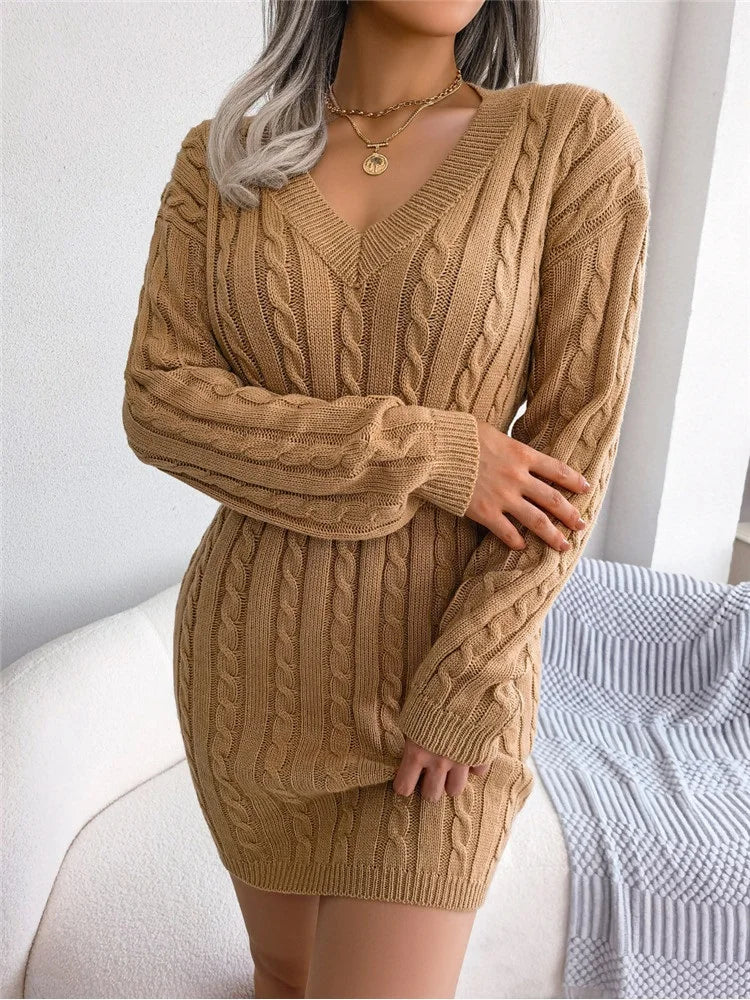 Nova moda outono inverno bodycon lápis vestido feminino fino ajuste cabo de malha manga longa camisola vestido sexy com decote em v clube vestido de festa