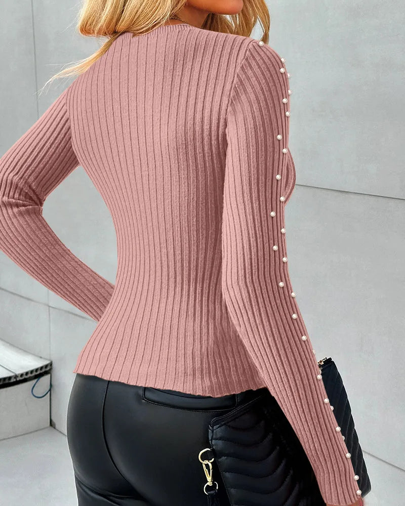 Camisola de malha casual fino ajuste pulôver feminino topos 2025 outono inverno torcido oco para fora frisado manga longa magro topo blusas
