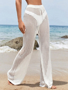 Calças largas de malha com cordão casual de cor sólida vazada, elegante, elegante e confortável para mulheres