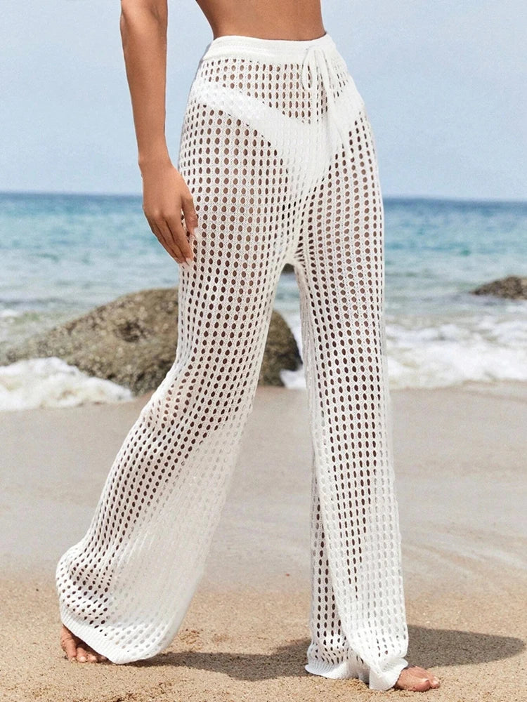 Calças largas de malha com cordão casual de cor sólida vazada, elegante, elegante e confortável para mulheres