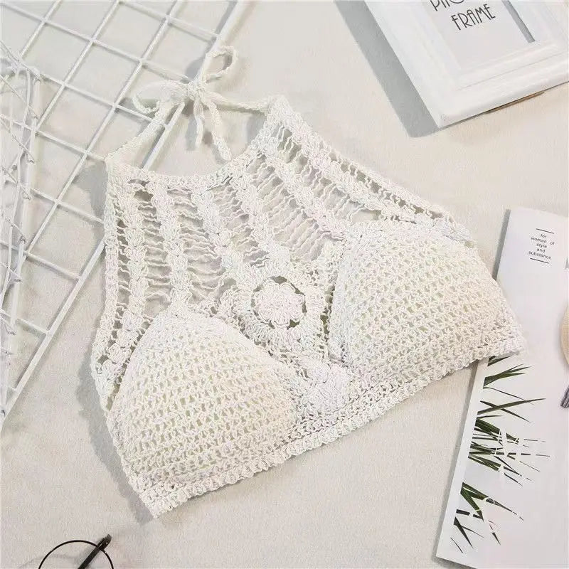 Crochet Crosia Bralette Top, Hollow-Out Halter pescoço, Openwork malha tanques, verão Camis, praia férias roupa