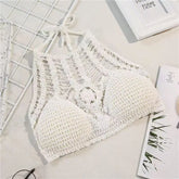 Crochet Crosia Bralette Top, Hollow-Out Halter pescoço, Openwork malha tanques, verão Camis, praia férias roupa