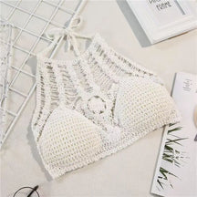Crochet Crosia Bralette Top, Hollow-Out Halter pescoço, Openwork malha tanques, verão Camis, praia férias roupa