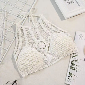 Crochet Crosia Bralette Top, Hollow-Out Halter pescoço, Openwork malha tanques, verão Camis, praia férias roupa