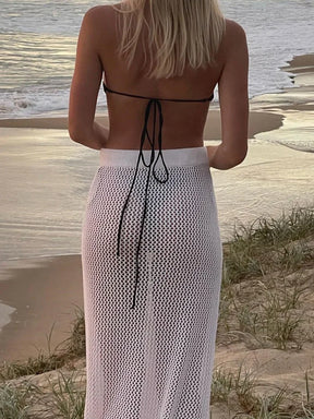 Saia longa de malha vazada para mulheres, transparente, casual, férias, praia, roupas, malhas sólidas, rendas, saia feminina y2k