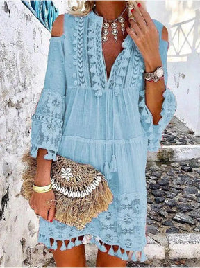 Nova primavera bordado crochê renda boho vestido feminino elegante fora do ombro borla plissado mini vestido de verão com decote em v senhora vestido de praia