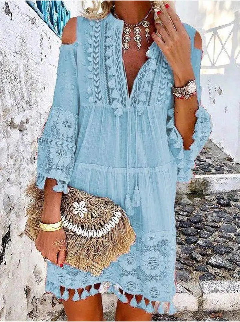 Nova primavera bordado crochê renda boho vestido feminino elegante fora do ombro borla plissado mini vestido de verão com decote em v senhora vestido de praia