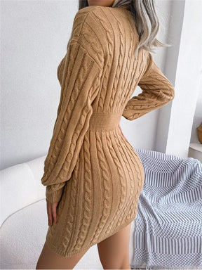 Nova moda outono inverno bodycon lápis vestido feminino fino ajuste cabo de malha manga longa camisola vestido sexy com decote em v clube vestido de festa