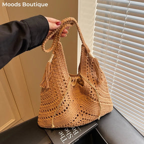 bolsa feminina bolsa de praia bolsa feminina luxo bolsa faculdade Conjunto de bolsa de ombro 2 em 1 de crochê para mulheres ráfia boho rattan verão praia férias sacolas de malha design bolsas femininas 2025