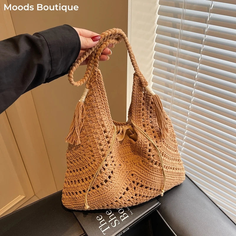 bolsa feminina bolsa de praia bolsa feminina luxo bolsa faculdade Conjunto de bolsa de ombro 2 em 1 de crochê para mulheres ráfia boho rattan verão praia férias sacolas de malha design bolsas femininas 2025