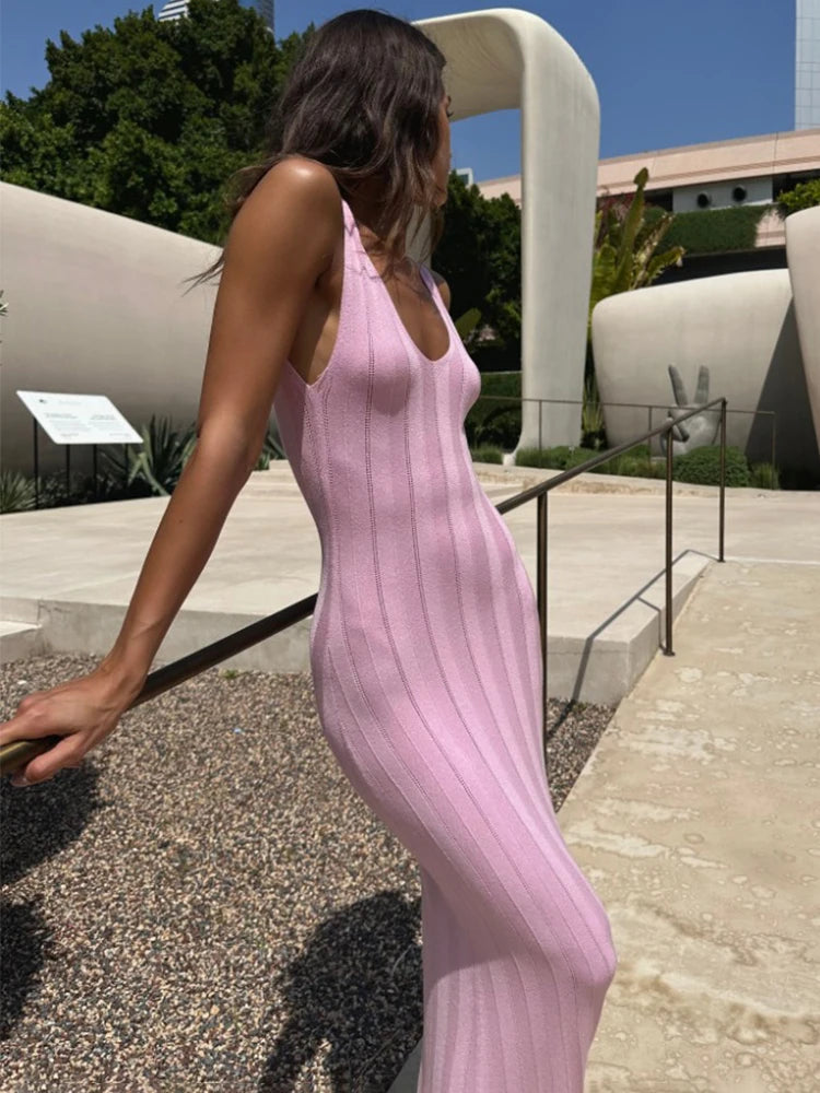 Trendix vestido de malha sem costas para mulheres, decote em v, slim, sem mangas, suspensório, maxi vestido, férias, sexy, praia, malha, elegante, vestido longo