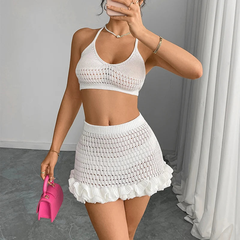 Novo estilo curto superior babados saia cover-ups terno verão praia férias tricô bikini cobrir sexy oco para fora conjunto de maiô