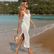 Suéter de malha feminino verão praia maxi vestido senhora sexy decote em u oco malha pulôver ver através casual vestidos de estilingue fino