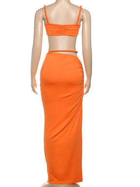 Beyprern fazendo desejos saia conjunto feminino ruched vestido de duas peças verão laranja bandagem maxi saia conjunto roupas de férias clubwear