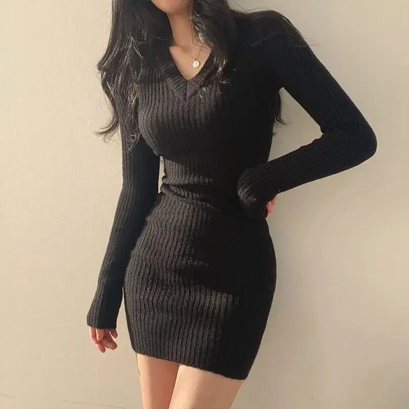 Vestido feminino de malha de malha com decote em v, monocromático, suéter Midi casual, fino, sexy, outono, inverno, 2024