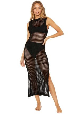 Europeu e americano feminino usar malha oco para fora o-pescoço vestido longo verão praia estilo malha fenda oco para fora bikini cover-up