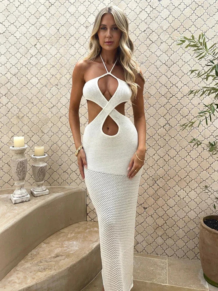 Avrilyaan-Vestido sem costas feminino branco de tricô, Oco Out, Elegante, Casual, Longo, Feriado, Sexy, Verão