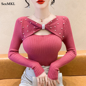 Elegante outono inverno suéteres femininos pullovers moda coreana y2k roupas com decote em v arco sólido bordado manga longa malha topos