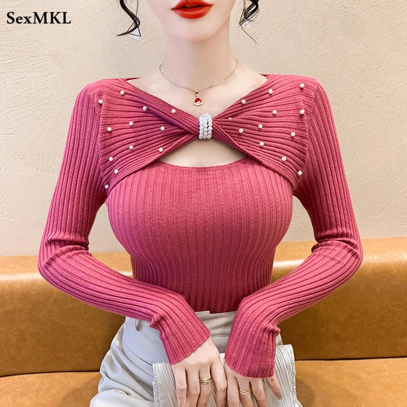 Elegante outono inverno suéteres femininos pullovers moda coreana y2k roupas com decote em v arco sólido bordado manga longa malha topos