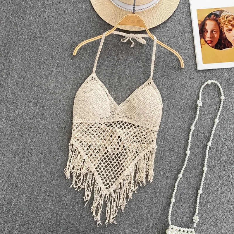 Borlas de malha oco para fora tanques camis para mulheres estilo bohemia hault sem mangas sexy femme espartilho colheita topos praia tanque camisolas