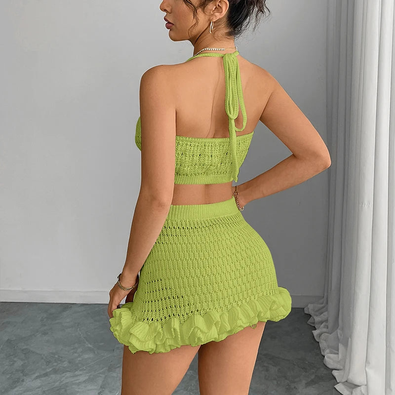 Novo estilo curto superior babados saia cover-ups terno verão praia férias tricô bikini cobrir sexy oco para fora conjunto de maiô