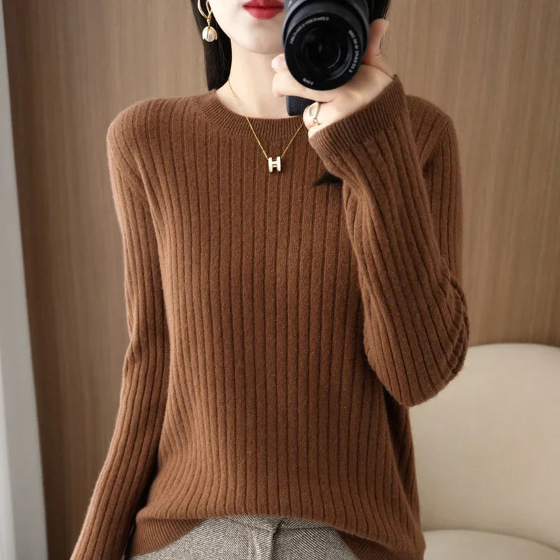 2025 mulheres suéteres outono inverno manga longa pullovers o pescoço listra quente pulôver coreano moda camisas de fundo solto jumper