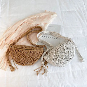 Bolsa de praia tecida à mão com borlas, boêmia, crochê de algodão oco, sacola de viagem, bolsa estilo étnico, bolsa axilas, verão
