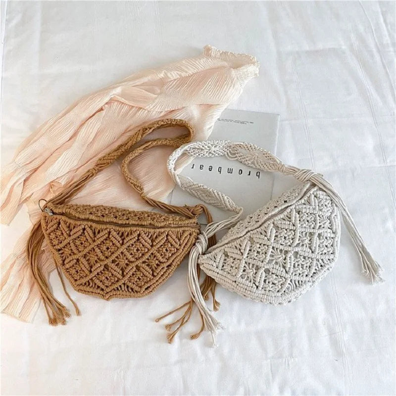 Bolsa de praia tecida à mão com borlas, boêmia, crochê de algodão oco, sacola de viagem, bolsa estilo étnico, bolsa axilas, verão