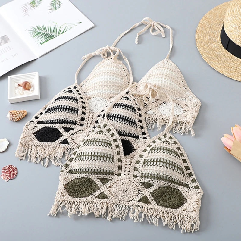 Verão malha sem curto colheita topo feminino sexy oco para fora crochê borlas bainha cabresto sutiã bustier almofadas no peito dropshipping