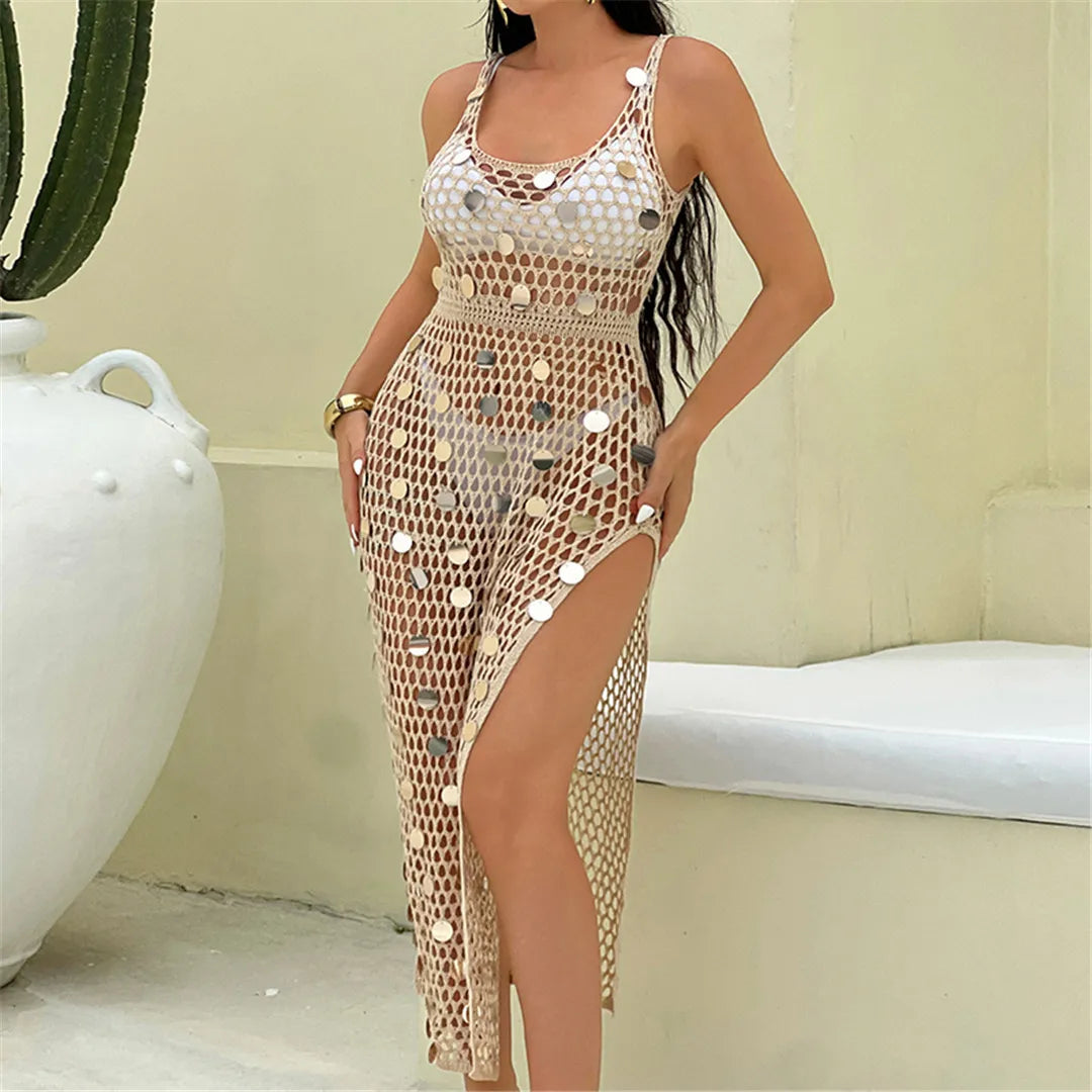 Lantejoulas brilhantes oco para fora crochê malha túnica praia cobrir cover-ups vestido de praia mini beach wear beachwear feminino k6685