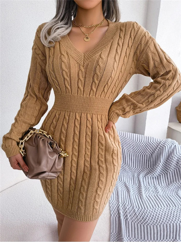 Nova moda outono inverno bodycon lápis vestido feminino fino ajuste cabo de malha manga longa camisola vestido sexy com decote em v clube vestido de festa