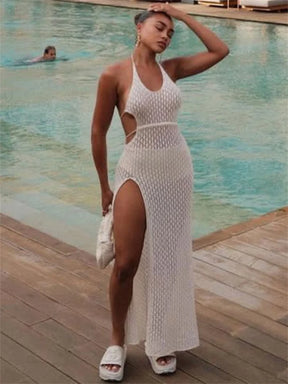 Tossy verão lau-up vestidos de malha para mulheres festa praia férias roupas bandagem vestido sem costas lado divisão malhas maxi vestido