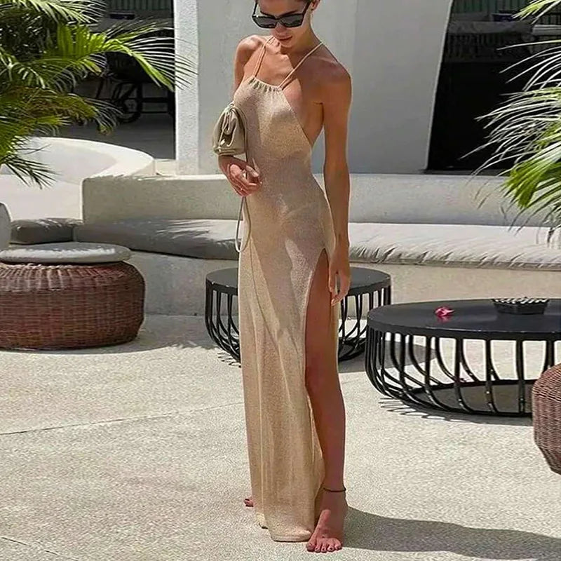 Para praia malha cobrir vestido de praia sexy ver através de fenda bodycon vestido de verão biquinis cover-ups elegante halter beachdress