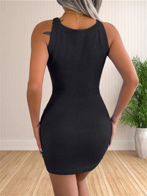 Vestido de malha sem mangas com nervuras feminino, pescoço da cabeçada, oco, cintura alta, envoltório quadril, monocromático, vestidos de senhora