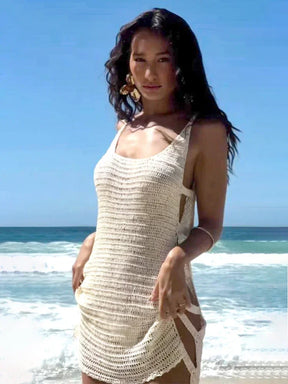 Feminino sexy u pescoço sem mangas malha listras horizontais lado cortar praia mini vestido 2025 verão beachwear maiô cobrir k90