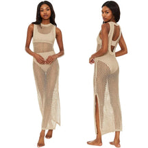 Europeu e americano feminino usar malha oco para fora o-pescoço vestido longo verão praia estilo malha fenda oco para fora bikini cover-up