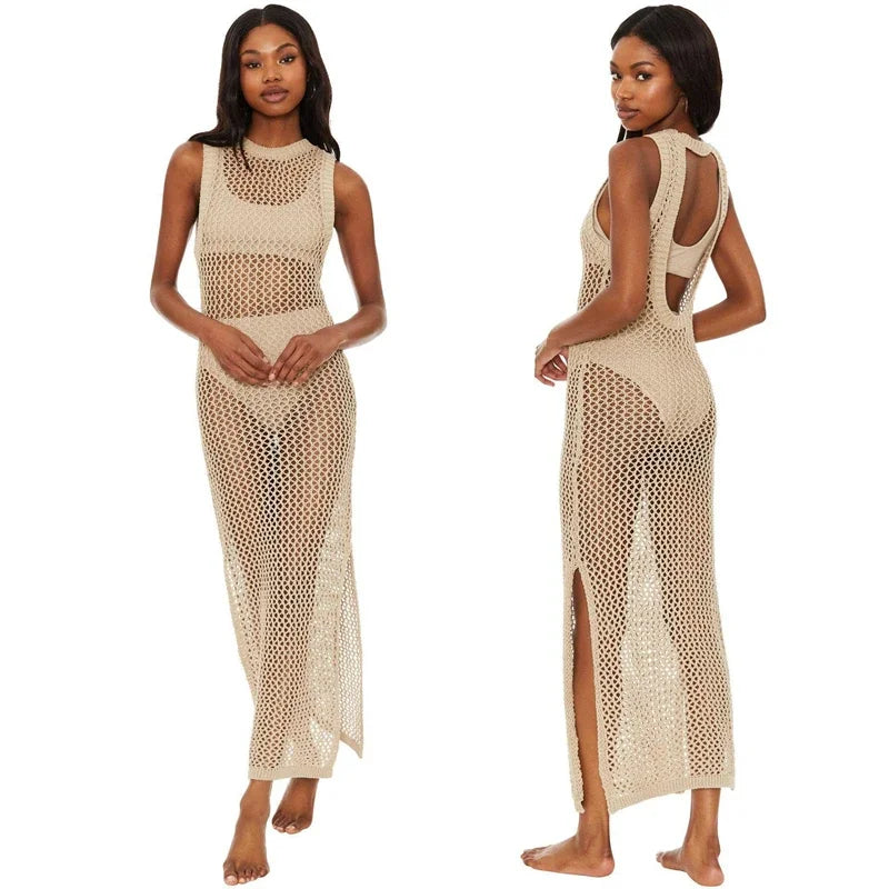 Europeu e americano feminino usar malha oco para fora o-pescoço vestido longo verão praia estilo malha fenda oco para fora bikini cover-up