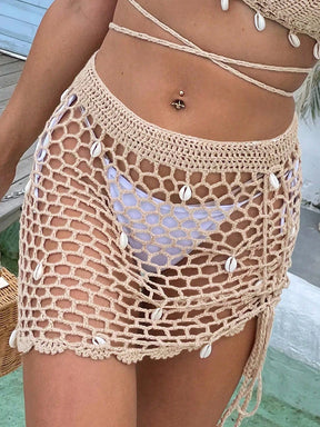Estilo elegante feminino artesanal crochê oco lado cordão bikini cover-ups praia outing férias oco para fora saia concha