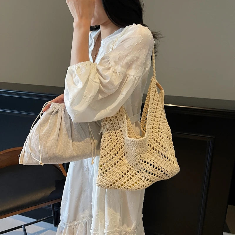 bolsa feminina bolsa de praia bolsa feminina luxo bolsa faculdade Conjunto de bolsa de ombro 2 em 1 de crochê para mulheres ráfia boho rattan verão praia férias sacolas de malha design bolsas femininas 2025