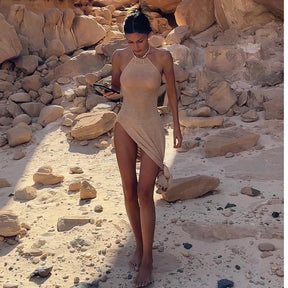 Para praia malha cobrir vestido de praia sexy ver através de fenda bodycon vestido de verão biquinis cover-ups elegante halter beachdress