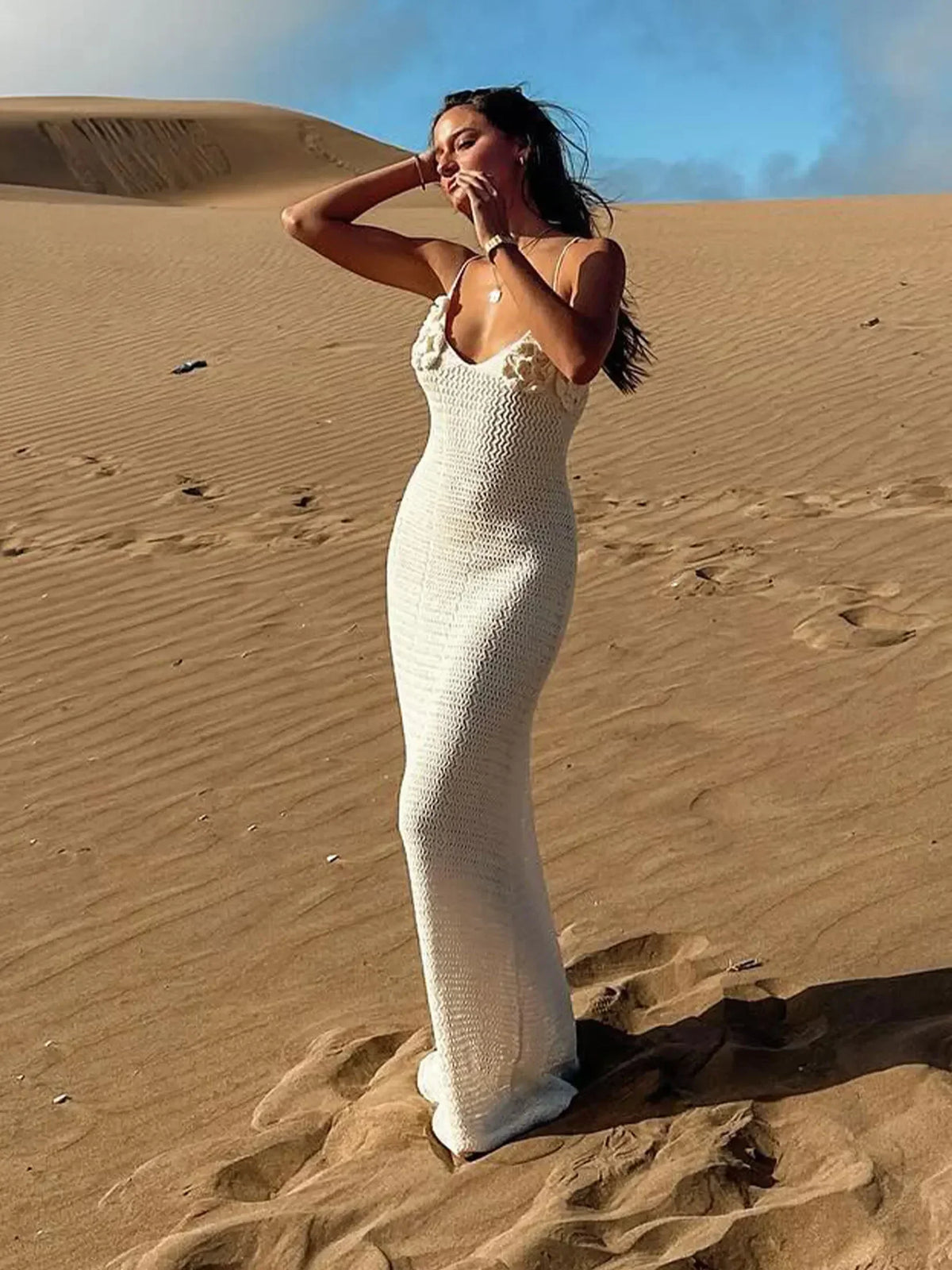 Branco malha cortar cinta de espaguete flor vestido longo sexy decote em v bodycon praia maxi vestido 2025 verão feminino férias outfit k79
