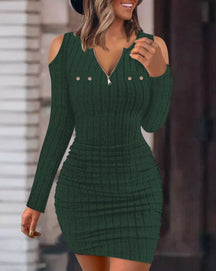 Outono inverno feminino nova cor sólida zíper sexy decote em v fora do ombro apertado saco hip casual vestido de manga comprida