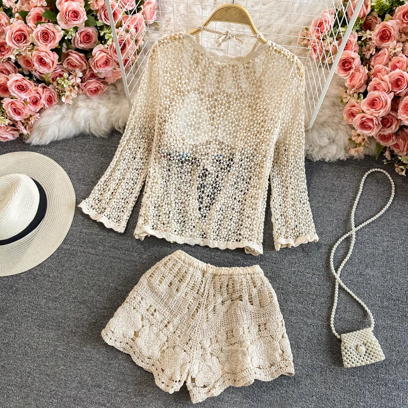Verão 3 peças conjuntos senhora boêmio rendas crochê conjunto camis shorts capa superior camisas conjuntos allure praia férias conjuntos femininos