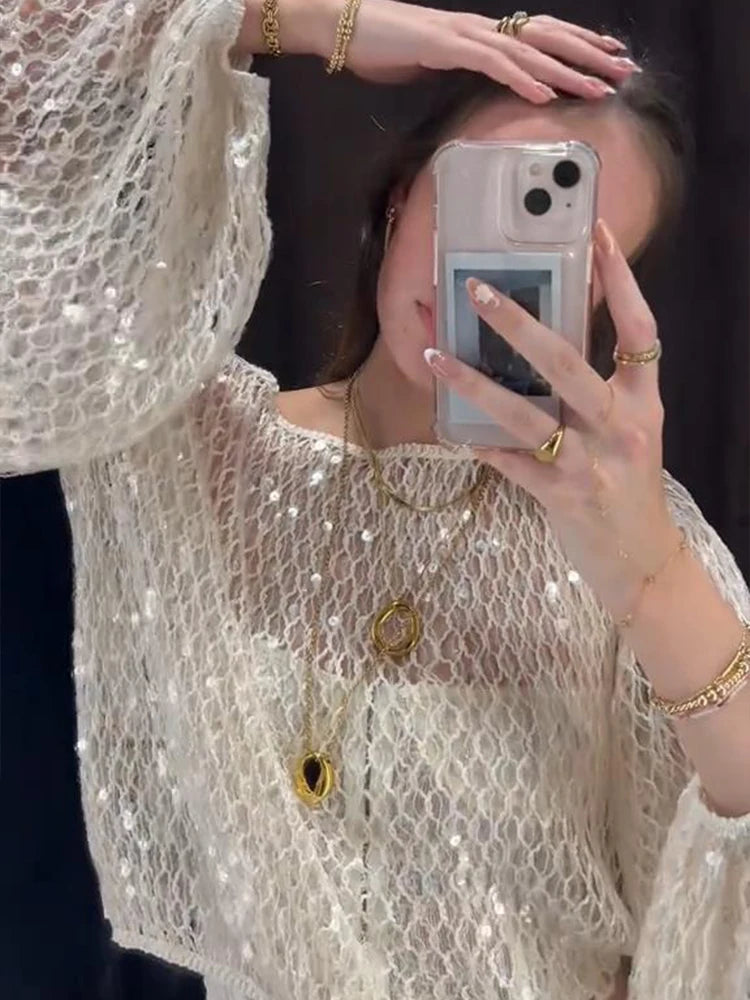 Chique crochê malha lantejoulas camisola feminina em torno do pescoço ver através da manga lanterna topo 2025 quatro temporada rua férias senhora topos