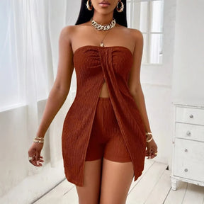 Mia musa define verão simples decente cor sólida sem alças fora do ombro cintura alta casual curto y2k conjuntos de roupas para mulher