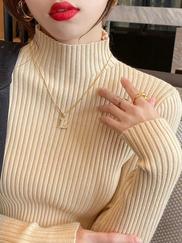 Elegante sólido básico de malha topos feminino gola alta camisola manga longa casual fino pulôver moda coreana simples roupas chiques